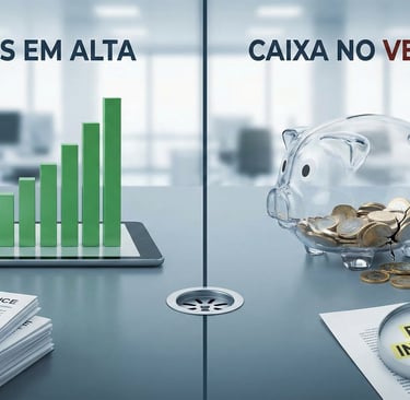Ilustração conceitual dividida: à esquerda, um gráfico de vendas em alta; à direita, um cofrinho que