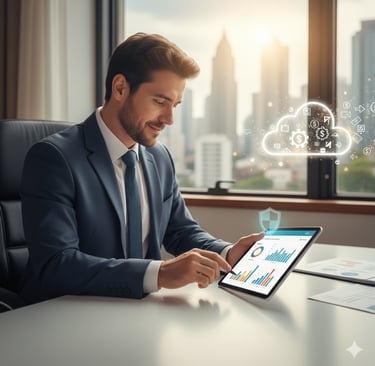 Empresário de PME analisando gráficos de gestão financeira em um tablet, simbolizando os benefícios 