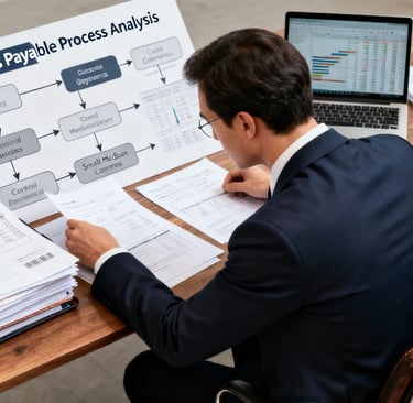Consultor financeiro analisando processos de contas a pagar com laptop, documentos e fluxos.