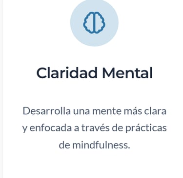 Brain icon with Spanish text 'Claridad Mental' and mindfulness practices description.