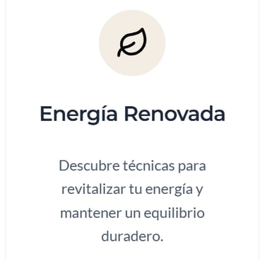 Card with a leaf icon and Spanish text about renewed energy and wellness techniques for lasting balance.