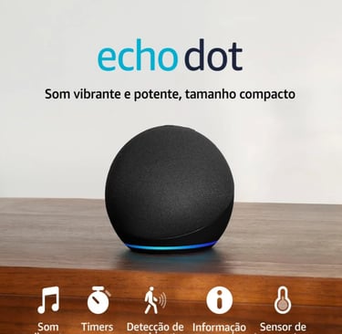 Black Amazon Echo Dot smart speaker with motion detection and temperature sensor icons.