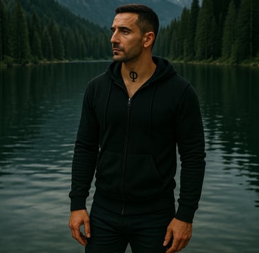 Iriel Thaleon de trois quart face debout avec un lac et un foret au second plan