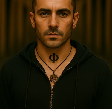 homme avec le symbole phi en tatouage et un pendantif arbre de vie. Regard fixe et réfléchint