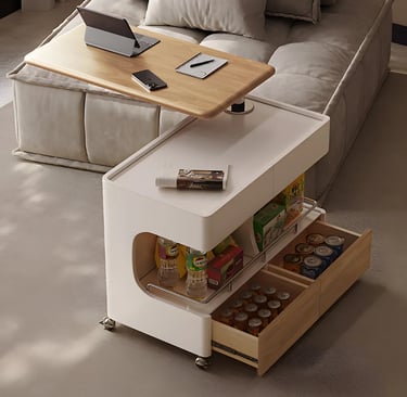 Rotating desktop coffee table showing open drawer storage, multifunctional, coffee table
