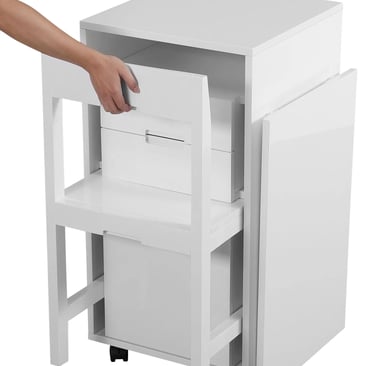 Three drawer file cabinet that turns into a desk with slide in chair, convertible cabinet with chair