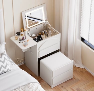 Tiny multifunctional cabinet turns into bedroom vanity with hidden stool