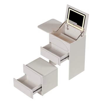 Transforming cabinet turns into bedroom, vanity, lots of storage and hidden stool with drawer