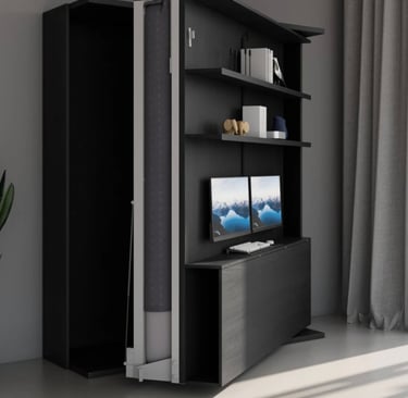 Converting bookshelf with up fold desk turns into a rotating Murphy bed
