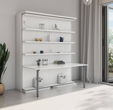 Convertible desk/bookshelf converts into rotating Murphy bed