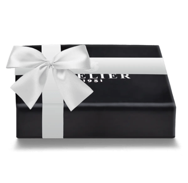 Elegant black Atelier 1951 luxury gift box tied with a white satin ribbon and bow.