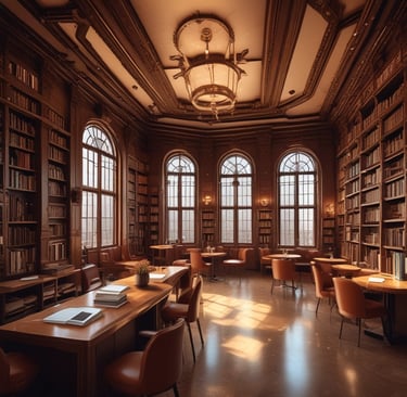 An elegant art deco style illustration of stacked ebooks and journals in soft purple and gold tones.