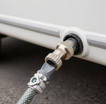a hose connected to a mailbox in front of a trailer