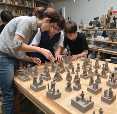 A group of participants engaged in a lively hands-on workshop, collaborating around a table filled with creative materials.