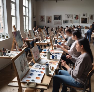 An instructor guiding attendees through a digital design workshop, with laptops open and focused faces.