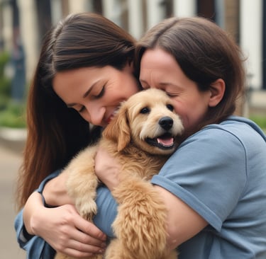 A happy reunion between a stray dog and its relieved owner, captured in a warm embrace.
