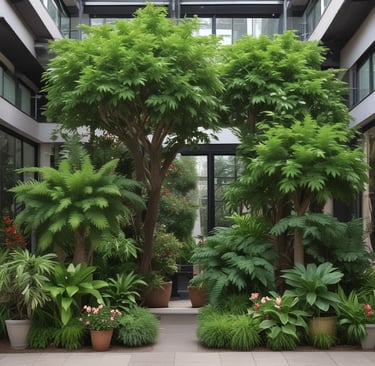 A variety of colorful ceramic and terracotta pots arranged on wooden shelves.