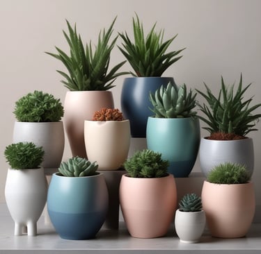 A variety of colorful ceramic and terracotta pots arranged on wooden shelves.