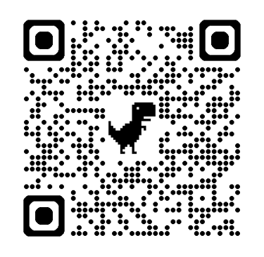 Black and white QR code featuring a pixelated dinosaur icon in the center for scannable digital access.