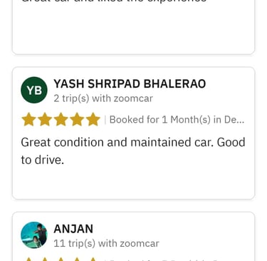 Positive five-star customer reviews and ratings for Zoomcar rental services on a mobile app interface.