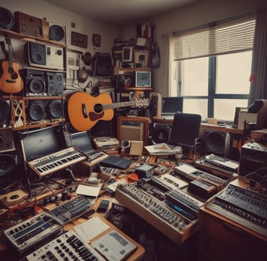 Close-up of a musician's hands adjusting a sleek audio mixer with colorful LED lights glowing softly in a dim studio.