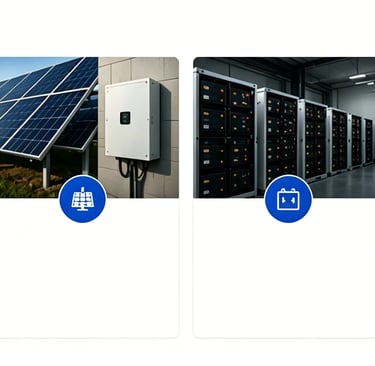 Industrial solar energy storage systems with solar panels, battery racks, and power grid infrastructure.