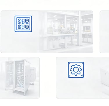 Collage of industrial hardware components and automation symbols for power management and server infrastructure.