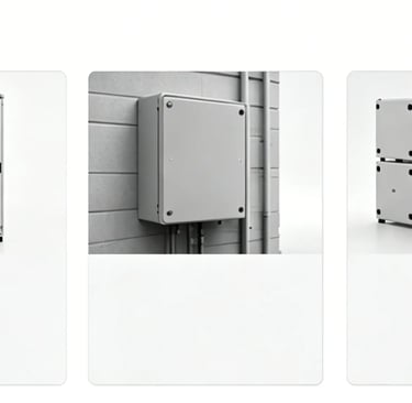 Various industrial electrical enclosures and weatherproof junction boxes for circuit protection.