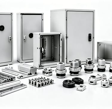 Collection of industrial electrical enclosures, cable glands, and metal mounting rails for power distribution.