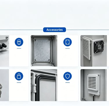 Six-panel grid showcasing electrical enclosure accessories like cable glands, cooling fans, and security locks.