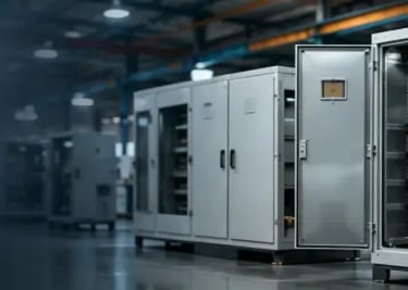 Industrial electrical control panels and circuit breaker switchgear in a modern manufacturing facility.