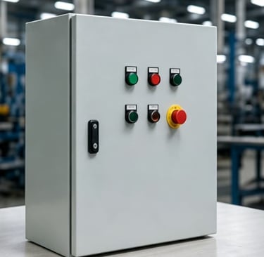 Industrial electrical control panel with buttons and emergency stop switch in a factory setting.
