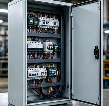 Industrial electrical control panel with circuit breakers and organized wiring for power distribution.