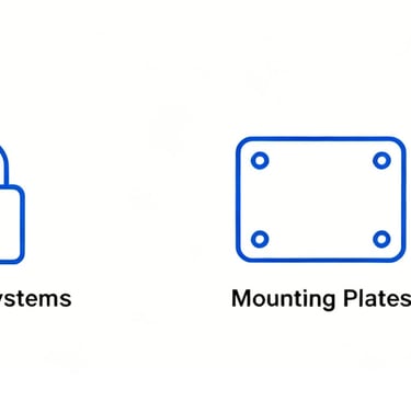 Blue industrial enclosure accessories icons including cable glands, filter fans, locking systems, and thermal management.