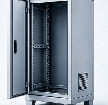 Durable silver floor-standing industrial server rack cabinet with open front door and internal rails.