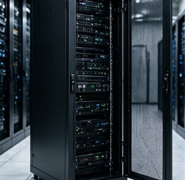 A tall black data center server rack with an open mesh door housing multiple network hardware components.