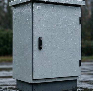 Weatherproof outdoor electrical enclosure with raindrops on its gray metal surface in a wet environment.