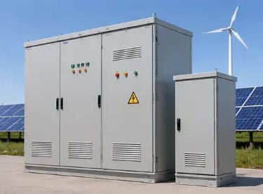 Industrial solar inverter and electrical control cabinets at a renewable energy farm with solar panels and wind turbines.
