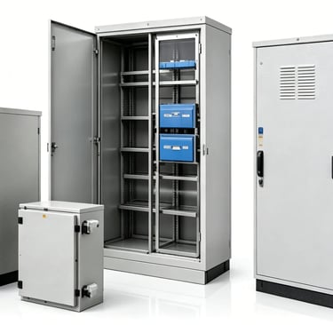 Durable industrial metal storage cabinets and electrical enclosures for secure equipment organization.