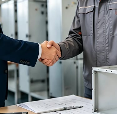 Business manager and industrial technician shaking hands over blueprints in fulei  metal