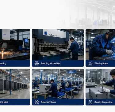 Metal fabrication stages including CNC laser cutting, bending, welding, powder coating, and assembly.