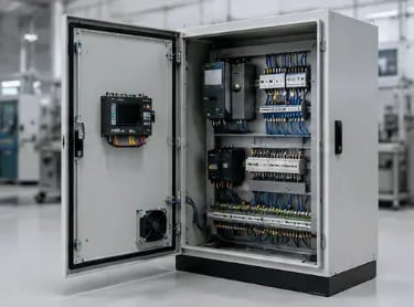 Industrial electrical control panel with open door showing internal wiring and automated components.