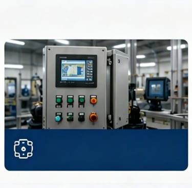 Industrial automation panel, control system monitor, and robotic assembly line in a factory.