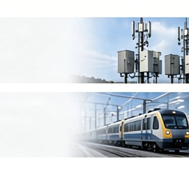Collage of industrial technology including automation robots, 5G towers, green energy storage, and modern transit.