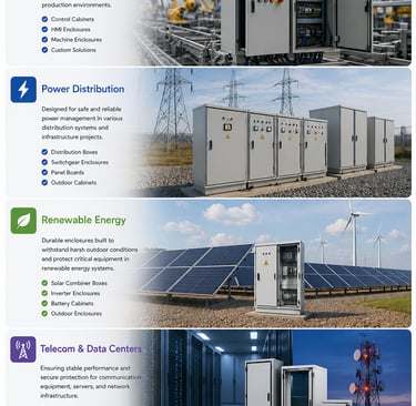 Application scenarios for industrial electrical enclosures, including automation, power distribution, renewable energy