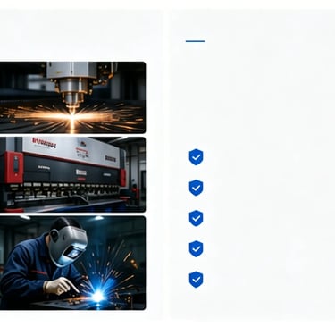 Industrial manufacturing process showing laser cutting, metal bending, welding, and quality inspection.