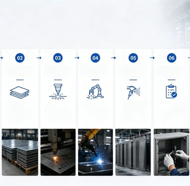 A seven-step industrial sheet metal fabrication process infographic from CAD design to final packaging.