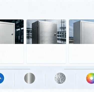 Durable metal electrical enclosures showing weatherproof stainless steel and powder-coated finish options.