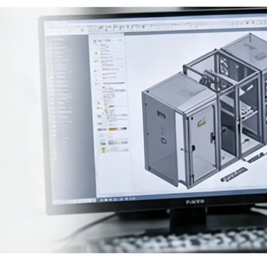 Industrial laser cutting machine processing metal alongside a CAD software engineering design on a computer monitor.