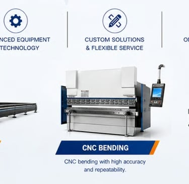 Precision metal fabrication services with laser cutting, CNC bending, and MIG/TIG/spot welding for manufacturing.